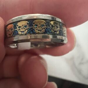 Gold Skull Ring with Blue Accents